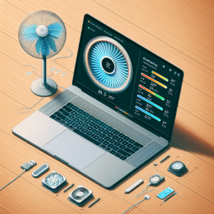 La imagen estará compuesta por una MacBook color plata en una mesa de madera, cuyos ventiladores en la parte inferior están claramente visibles y están girando. La MacBook también tendrá una aplicación abierta que muestra el monitoreo de su temperatura y procesos en tiempo real en la pantalla. Podrías ver en la pantalla cuántos procesos tiene corriendo y cuál es la temperatura actual de la MacBook. Alrededor de la MacBook se mostrarán elementos que sugieran formas de evitar el sobrecalentamiento, como una base de enfriamiento para laptop y un ventilador de escritorio pequeño orientado hacia la laptop.
