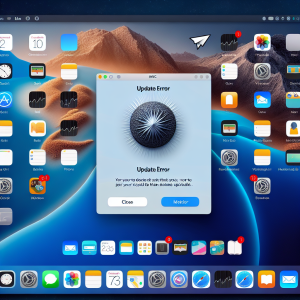 La imagen contiene una vista del escritorio de una computadora Mac con la pantalla del sistema operativo macOS Ventura visible. En la parte centro de la pantalla, aparece un mensaje de error que dice "Error de actualización". Esta interfaz de error tiene un botón que dice "Cerrar" y otro botón que dice "Métodos de recuperación". En la esquina superior derecha de la imagen, puede ver insignias de notificaciones que indican que el sistema operativo no se ha actualizado correctamente. En el fondo, hay varios íconos de aplicaciones que son comunes en la computadora Mac, como Safari, Mail, Fotos, entre otros, indicando la naturaleza integral del sistema operativo. La paleta de colores de la imagen es tranquilizante, dominada por los azules oscuros y grises propios de la interfaz de macOS. Esta imagen representaría adecuadamente el tema de 'Cómo solucionar el error de actualización en macOS Ventura'.