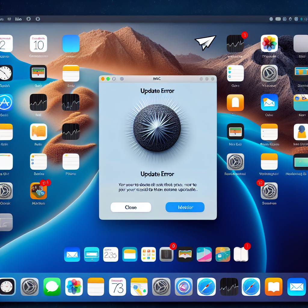 La imagen contiene una vista del escritorio de una computadora Mac con la pantalla del sistema operativo macOS Ventura visible. En la parte centro de la pantalla, aparece un mensaje de error que dice "Error de actualización". Esta interfaz de error tiene un botón que dice "Cerrar" y otro botón que dice "Métodos de recuperación". En la esquina superior derecha de la imagen, puede ver insignias de notificaciones que indican que el sistema operativo no se ha actualizado correctamente. En el fondo, hay varios íconos de aplicaciones que son comunes en la computadora Mac, como Safari, Mail, Fotos, entre otros, indicando la naturaleza integral del sistema operativo. La paleta de colores de la imagen es tranquilizante, dominada por los azules oscuros y grises propios de la interfaz de macOS. Esta imagen representaría adecuadamente el tema de 'Cómo solucionar el error de actualización en macOS Ventura'.