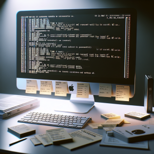 La imagen representará una Mac en un escritorio bien iluminado con una pantalla que muestra comandos de terminal, simbolizando el proceso de reinicio de SMC y PRAM. La pantalla de la Mac mostrará claramente los textos "SMC Reset" y "PRAM Reset". En el frente de la Mac, habrá una serie de notas adhesivas con pasos y sugerencias sobre cómo realizar estos reinicios, para representar el proceso de solución de problemas. Además, habrá un par de guías de usuario de Mac o manuales de soporte de Apple en el escritorio o dispersos alrededor, simbolizando la consulta de instrucciones y la restauración de configuraciones de hardware. El equipo de Mac, notas y guías se colocarán en un escritorio ordenado y limpio para mantener el foco y contrarrestar cualquier interpretación de un problema técnico como un desorden o un problema difícil. La iluminación será clara y enérgica, pero sin reflejos en la pantalla del Mac y el fabricante se enfocará en hacer que los elementos de la imagen sean fácilmente reconocibles y legibles.
