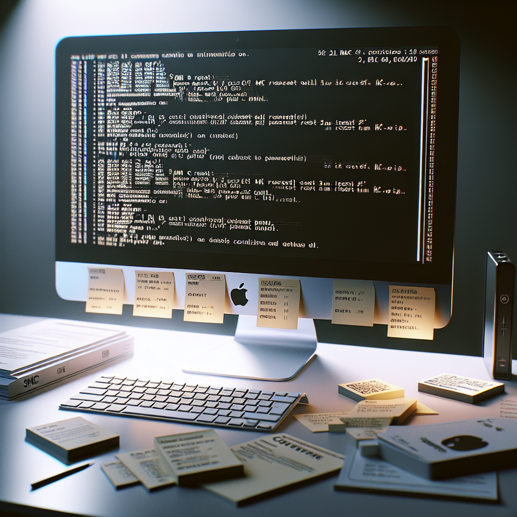 La imagen representará una Mac en un escritorio bien iluminado con una pantalla que muestra comandos de terminal, simbolizando el proceso de reinicio de SMC y PRAM. La pantalla de la Mac mostrará claramente los textos "SMC Reset" y "PRAM Reset". En el frente de la Mac, habrá una serie de notas adhesivas con pasos y sugerencias sobre cómo realizar estos reinicios, para representar el proceso de solución de problemas. Además, habrá un par de guías de usuario de Mac o manuales de soporte de Apple en el escritorio o dispersos alrededor, simbolizando la consulta de instrucciones y la restauración de configuraciones de hardware. El equipo de Mac, notas y guías se colocarán en un escritorio ordenado y limpio para mantener el foco y contrarrestar cualquier interpretación de un problema técnico como un desorden o un problema difícil. La iluminación será clara y enérgica, pero sin reflejos en la pantalla del Mac y el fabricante se enfocará en hacer que los elementos de la imagen sean fácilmente reconocibles y legibles.