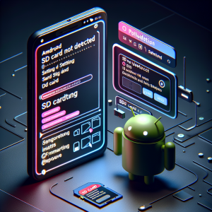 Para la imagen, visualizamos una escena que incorpore elementos representativos del título. En la mitad inferior de la imagen, podemos tener un teléfono Android en primer plano con una pantalla que muestra un mensaje de error que dice: "Tarjeta SD no detectada". A un lado del teléfono, se puede mostrar una tarjeta SD apoyada en la superficie. En la mitad superior de la imagen, habría una representación visual de los posibles métodos de solución. Esto podría mostrar una captura de pantalla del menú de configuración de Android con las opciones de formateo o reparación de la tarjeta SD. Esto puede estar superpuesto en una pantalla más grande o un dispositivo Android abstracto para mostrar la correlación entre el problema y la solución. Colores oscuros para el teléfono Android y la tarjeta SD añadirán contraste a la imagen, haciendo que los detalles sean fácilmente visibles. Los colores brillantes pueden ser usados para las áreas en la pantalla que muestran las soluciones, atrayendo la vista del espectador.