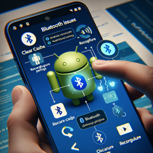 La imagen debe mostrar una pantalla de smartphone Android en primer plano. La pantalla presentará la configuración de Bluetooth abierta. Los íconos de Bluetooth y Android pueden ser visibles en el fondo para que la idea central esté clara. Un ícono o texto que muestre "Borrar caché" y "Reconfigurar emparejamientos" estará presente. Junto a eso, puede haber una serie de imágenes superpuestas que muestren el proceso paso a paso de cómo hacer ambas cosas, como un menú desplegable o una ventana emergente que instruya a borrar el caché y una ventana de configuración de emparejamiento de Bluetooth en pantalla. Todo esto debe representar visualmente la solución a los problemas de conexión Bluetooth en Android.