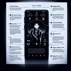 La imagen debe presentar un teléfono Android con una captura de pantalla que muestre el proceso de arranque en modo seguro. El primer tercio superior de la imagen podría mostrar el logotipo de Android en pantalla, seguido por varias líneas de texto instructivas en pequeños cuadros de texto que guían a los usuarios a través del proceso. Por ejemplo, el primer cuadro puede instruir sobre cómo encender el teléfono, mientras que los sucesivos indican procesos como 'mantener presionado el botón de encendido', 'tocar y mantener presionada la opción de apagado en pantalla' y 'tocar OK para reiniciar en modo seguro'. Además, podría haber algunas líneas de texto impresas en la parte inferior de la imagen, que expliquen brevemente quéré es el modo seguro y por qué es útil. Tenga en cuenta que los cuadros de texto deben ser de un tamaño legible y el texto claramente visible. Para un aspecto atractivo, el teléfono y el fondo de la imagen deben tener un contraste adecuado, tal como un teléfono negro contra un fondo blanco liso. Un toque final de una sombra suave debajo del teléfono daría a la imagen un aspecto realista en 3D.