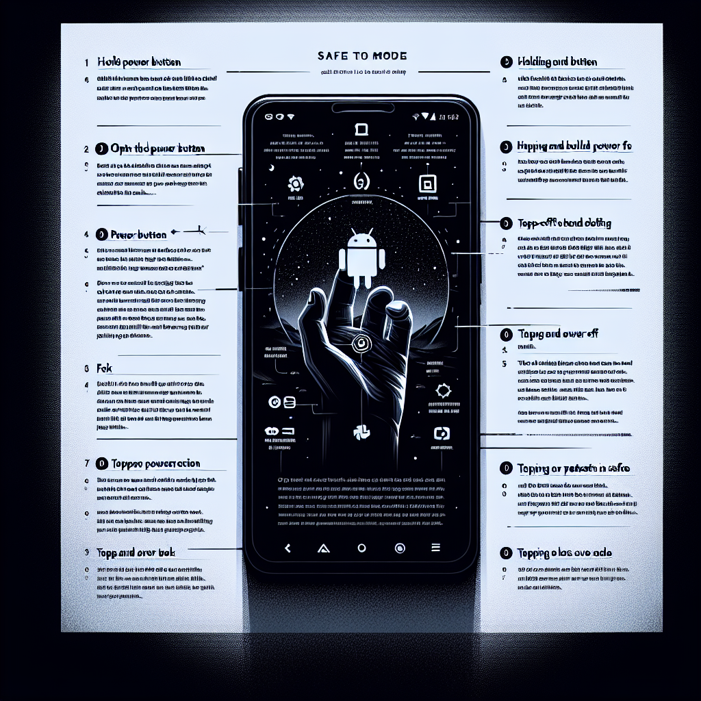 La imagen debe presentar un teléfono Android con una captura de pantalla que muestre el proceso de arranque en modo seguro. El primer tercio superior de la imagen podría mostrar el logotipo de Android en pantalla, seguido por varias líneas de texto instructivas en pequeños cuadros de texto que guían a los usuarios a través del proceso. Por ejemplo, el primer cuadro puede instruir sobre cómo encender el teléfono, mientras que los sucesivos indican procesos como 'mantener presionado el botón de encendido', 'tocar y mantener presionada la opción de apagado en pantalla' y 'tocar OK para reiniciar en modo seguro'. Además, podría haber algunas líneas de texto impresas en la parte inferior de la imagen, que expliquen brevemente quéré es el modo seguro y por qué es útil. Tenga en cuenta que los cuadros de texto deben ser de un tamaño legible y el texto claramente visible. Para un aspecto atractivo, el teléfono y el fondo de la imagen deben tener un contraste adecuado, tal como un teléfono negro contra un fondo blanco liso. Un toque final de una sombra suave debajo del teléfono daría a la imagen un aspecto realista en 3D.