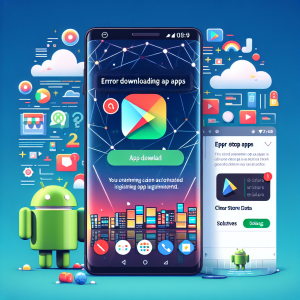 La imagen representará una pantalla de teléfono inteligente Android. En la parte superior de la pantalla, se mostrará una notificación emergente con un mensaje de error que dice "Error al descargar apps en Google Play Store". La aplicación de Google Play Store estará en el centro de la pantalla, y el fondo podría ser una inicialización fallida de la descarga de una aplicación, demostrando que hay un problema. En la parte inferior de la pantalla, puede haber una ventana emergente de configuración con la opción "Borrar datos de la tienda" resaltada, simbolizando las soluciones al problema. Adicionalmente se puede incluir una imagen de un ícono de cuenta de Google, con un check verde indicando que la cuenta ha sido comprobada y está en buen estado.