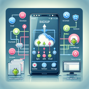 La imagen debe mostrar una representación visual de un teléfono Android, preferentemente en la pantalla de configuración o en la aplicación de contactos. La pantalla debe tener un menú desplegable que muestra las opciones de respaldo o la opción "Sincronizar con la nube" o "Respaldo en el PC". Para añadir un elemento educativo a la imagen, consideramos colocar indicadores o flechas para resaltar estas opciones. Alternativamente, también podemos dividir la imagen en la sección de teléfono Android y la sección de PC. El teléfono mostraría la opción de respaldo destacada y en la sección de PC, mostraremos una ventana de carpetas abierta donde se pueden ver claramente los archivos de respaldo. También se puede incluir alguna nube de almacenamiento seguro como Google Drive o Dropbox, para representar la opción de respaldo en la nube. Asegúrate de que los logos sean visibles para que se entienda a primera vista. La imagen debería ser en colores claros y bien iluminada para hacerla fácil de entender. Importante el uso de íconos y textos para guiar al espectador a través de los pasos del proceso.