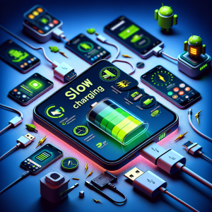 La imagen debería incluir uno o varios dispositivos Android, preferiblemente en un estado de carga para mostrar el propósito del título. Los dispositivos podrían tener la pantalla encendida destacando una alerta de carga lenta o batería baja. Además, se podría incluir un cable de carga visiblemente dañado y un limpiador de puertos para indicar la necesidad de comprobar el cable y el puerto. En el fondo, se podría representar un teléfono con varias aplicaciones en segundo plano en la pantalla para indicar las apps que están consumiendo la batería. De manera más clara, una de las aplicaciones en segundo plano debería ser un monitor de batería con detalles visibles del consumo de la batería. El diseño general debe ser limpio y simple para que no haya confusiones sobre el tema de la imagen. El título "Cómo solucionar problemas de carga lenta en Android" se podría poner en la parte superior o inferior de la imagen para mantener siempre el foco en el tema.
