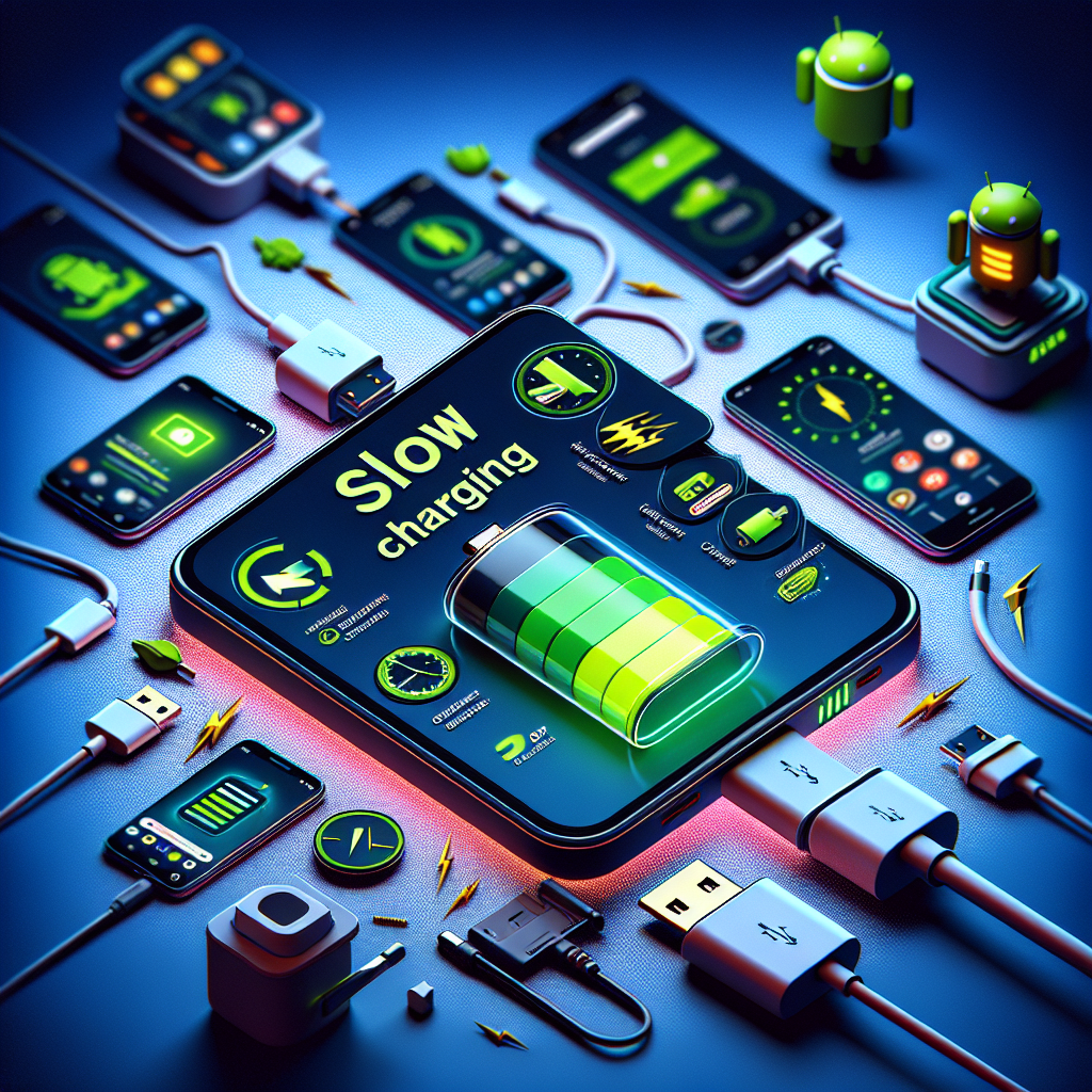 La imagen debería incluir uno o varios dispositivos Android, preferiblemente en un estado de carga para mostrar el propósito del título. Los dispositivos podrían tener la pantalla encendida destacando una alerta de carga lenta o batería baja. Además, se podría incluir un cable de carga visiblemente dañado y un limpiador de puertos para indicar la necesidad de comprobar el cable y el puerto. En el fondo, se podría representar un teléfono con varias aplicaciones en segundo plano en la pantalla para indicar las apps que están consumiendo la batería. De manera más clara, una de las aplicaciones en segundo plano debería ser un monitor de batería con detalles visibles del consumo de la batería. El diseño general debe ser limpio y simple para que no haya confusiones sobre el tema de la imagen. El título "Cómo solucionar problemas de carga lenta en Android" se podría poner en la parte superior o inferior de la imagen para mantener siempre el foco en el tema.