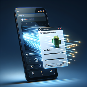 Crear una imagen que muestre una representación realista de un teléfono Android con la interfaz de usuario visible. En la pantalla, ilustra un cuadro de diálogo o ventana emergente que muestra la configuración de "Desactivar animaciones" y "Limpiar caché". De la parte inferior del teléfono, haz que salgan haces de luz o estelas de velocidad para indicar el aumento de la velocidad y la fluidez del sistema. Asegúrate de que el teléfono y la interfaz parezcan modernos y actualizados, y de que el logotipo de Android sea visible para dejar en claro que se trata de un sistema Android. Ten en cuenta que, aunque este diseño es conceptual, el objetivo es que parezca realista y plausible.