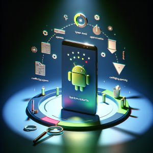 Prompt: Imagínate una imagen que represente visualmente la solución a los reinicios aleatorios de un dispositivo Android. En el centro de la imagen se sitúa un moderno teléfono Android con su pantalla brillante en la que aparece el logotipo de Android y barras de carga representando la actualización del sistema. El teléfono está rodeado por varios iconos que representan las diferentes etapas de solución del problema. A la izquierda del dispositivo, configura un icono que representa la verificación de las aplicaciones conflictivas, que puede ser un icono de una lupa sobre una serie de aplicaciones de Android indicando un examen detenido. A la derecha del teléfono, visualiza un icono de una papelera o un círculo con una flecha hacia abajo en él lo que simboliza la liberación del espacio de almacenamiento. La imagen debe ser fotorealista, con sombras y luces realistas dando una sensación tridimensional al conjunto. Los colores deben ser vibrantes pero no abrumadores, con el verde del logo Android como color predominante para mantener la temática centrada en Android.