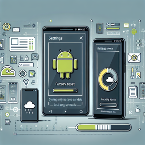 La imagen creada debe ser una ilustración clara del proceso de restauración de fábrica en un dispositivo Android sin perder datos importantes. El primer plano puede contener un teléfono Android con el menú de configuraciones en la pantalla, particularmente abriendo la opción de "reseteo de fábrica". En la pantalla se puede superponer un icono de carga para mostrar que el proceso está en curso. Al lado del dispositivo se puede mostrar otro teléfono Android, que representaría el mismo teléfono antes del reseteo, pero con todos los datos e íconos de aplicaciones en la pantalla para representar que no se perdió ninguna información en el proceso. Por detrás de ambos dispositivos, se puede desplegar una línea de tiempo o una barra de progreso que va desde el teléfono antes del reseteo hasta después para vincular ambos procesos. En la parte superior de la imagen o en una esquina, se puede añadir un icono o símbolo de respaldo de datos en la nube, para representar la acción de sincronizar y respaldar archivos antes de la restauración. El fondo debe ser neutro o sutilmente tecnológico para mantener el foco de atención en los elementos centrales de la imagen. La composición de la imagen debe transmitir una sensación de seguridad y tranquilidad asegurando a los usuarios que sus datos están seguros incluso después de una restauración de fábrica.