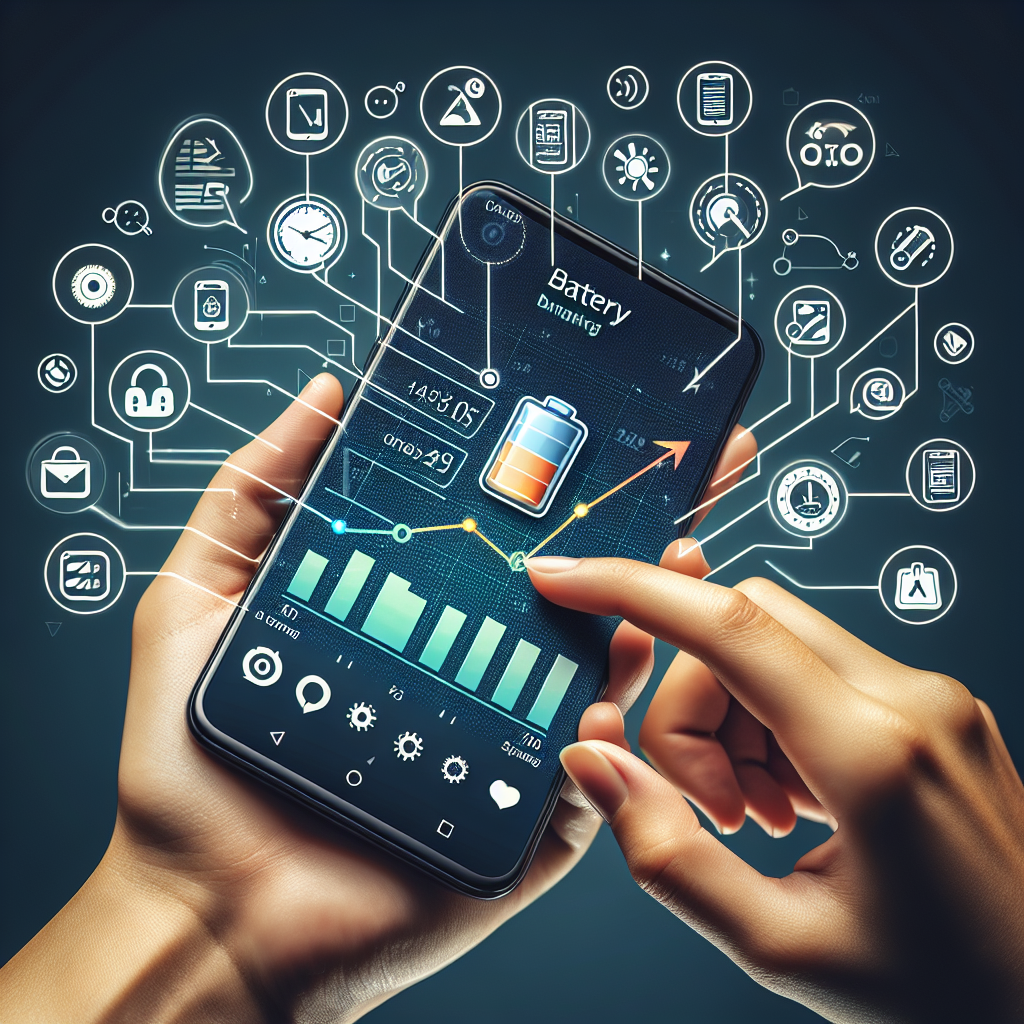 La imagen presentará una mano sosteniendo un smartphone Android con la pantalla encendida, mostrando la configuración de la batería. De dicha pantalla emanan gráficos y iconos que representan varias acciones para la mejora de la gestión de la batería. Habrá un gráfico mostrando una tendencia ascendente de duración de la batería y varias burbujas con iconos, como un reloj (representando planes de ahorro de energía), y una aplicación con una señal de 'no entrada' (simbolizando la restricción de aplicaciones en segundo plano). Estos elementos estarán destacados con líneas que se conectan nuevamente al teléfono, dando la impresión de estar activamente manipulados desde la configuración del dispositivo.