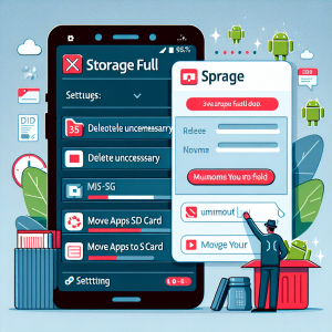La imagen representará una captura de pantalla de un teléfono Android mostrando un error de "Almacenamiento lleno". En primer plano, se puede agregar un menú de configuraciones donde se muestran las opciones para "Eliminar datos innecesarios" y "Mover apps a la tarjeta SD". Además, podría haber una ventana emergente con una guía paso a paso sobre cómo realizar estas acciones. La imagen deberá reflejar esta situación frustrante pero también dar una sensación de alivio al mostrar las soluciones disponibles.