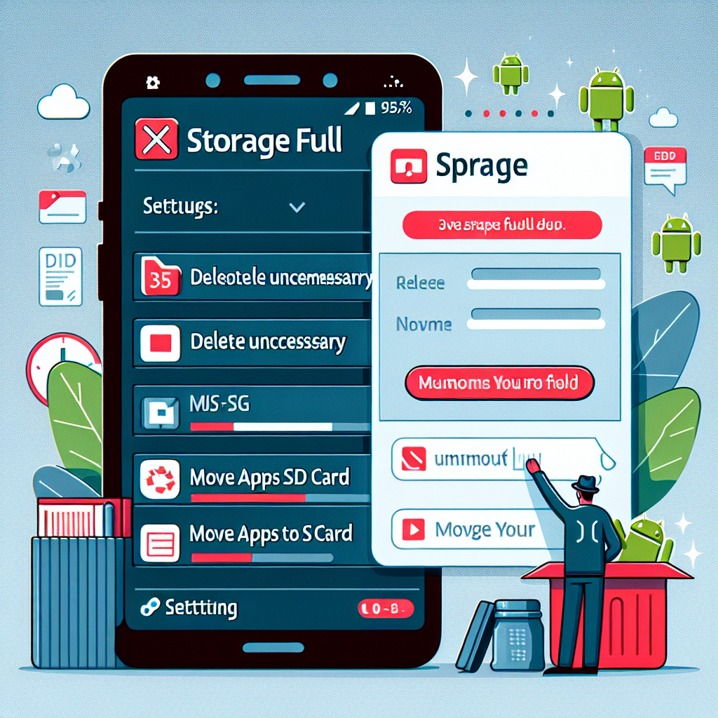 La imagen representará una captura de pantalla de un teléfono Android mostrando un error de "Almacenamiento lleno". En primer plano, se puede agregar un menú de configuraciones donde se muestran las opciones para "Eliminar datos innecesarios" y "Mover apps a la tarjeta SD". Además, podría haber una ventana emergente con una guía paso a paso sobre cómo realizar estas acciones. La imagen deberá reflejar esta situación frustrante pero también dar una sensación de alivio al mostrar las soluciones disponibles.