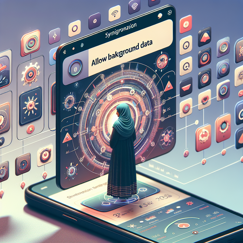 Descripción del Dalle3 Prompt: La composición de la imagen debe destacarse la interfaz de un dispositivo Android en primer plano con una selección de widgets en la pantalla. Además, se debe mostrar un menú de configuraciones de sincronización abierto, con una opción claramente resaltada que dice "Permitir datos en segundo plano". La imagen debe dar la sensación de que se está en el proceso de optimización del funcionamiento de un widget. Asegúrese de que el dispositivo, menús y widgets se vean realistas con iconos nítidos y colores brillantes. En segundo plano, se puede ver un usuario tocando la configuración en la pantalla del dispositivo, lo que indica el proceso interactivo de hacer funcionar correctamente el widget. La imagen debe ser clara, realista y representar adecuadamente el procedimiento basado en el título.
